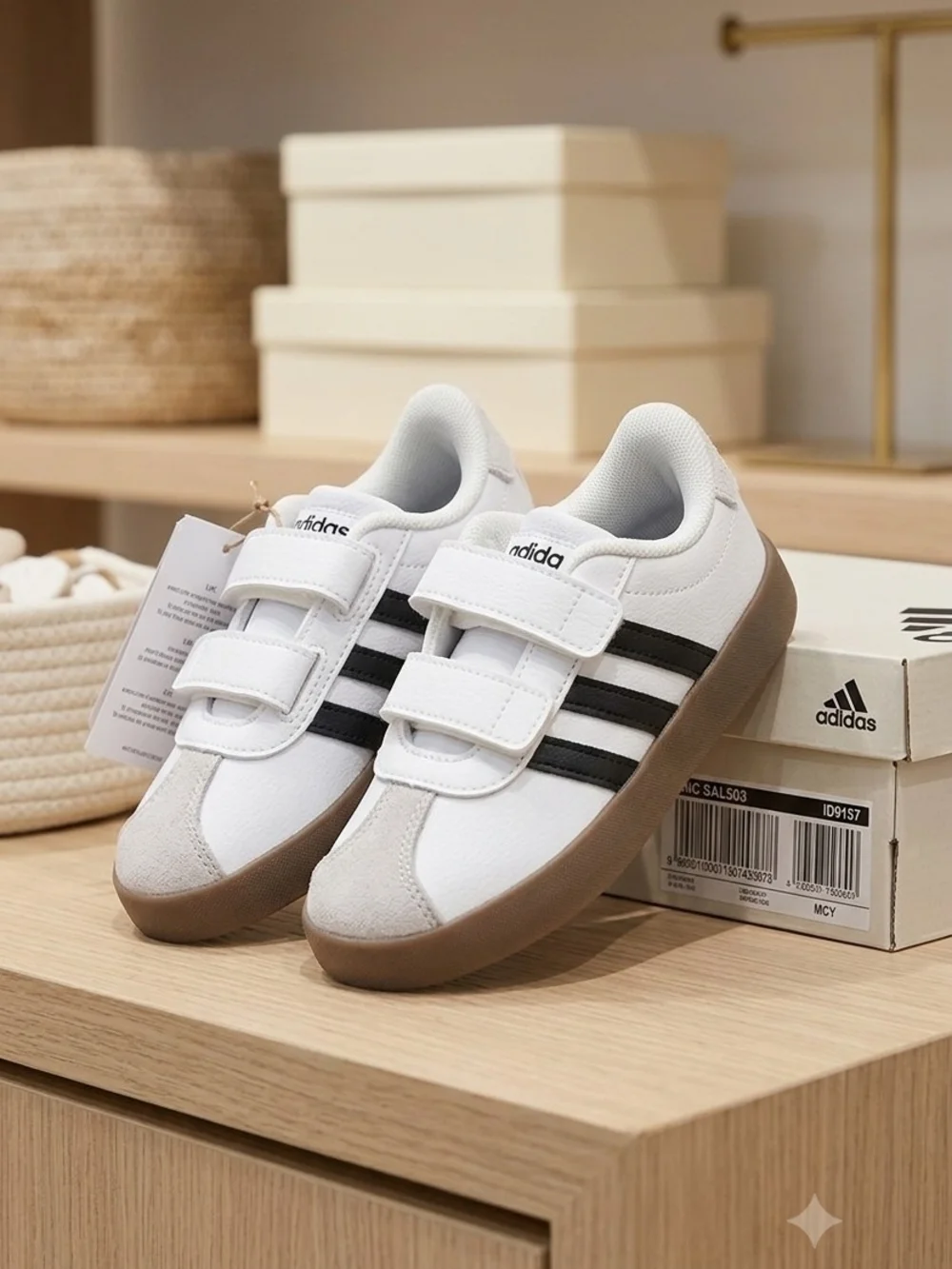 adidas Kids White Sneakers with Black Stripes and Brown Gum Sole